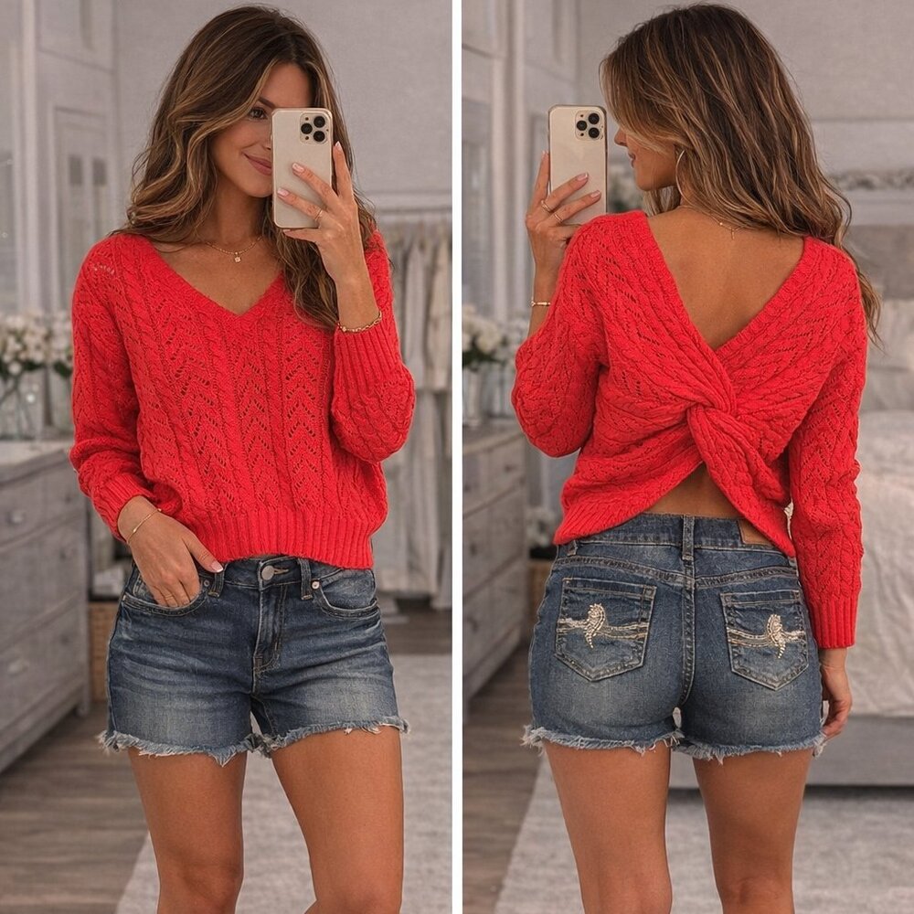 3PC OUTFIT! Red Twist-Back Knit Sweater + Denim Cutoff & Angel Wing Earrings